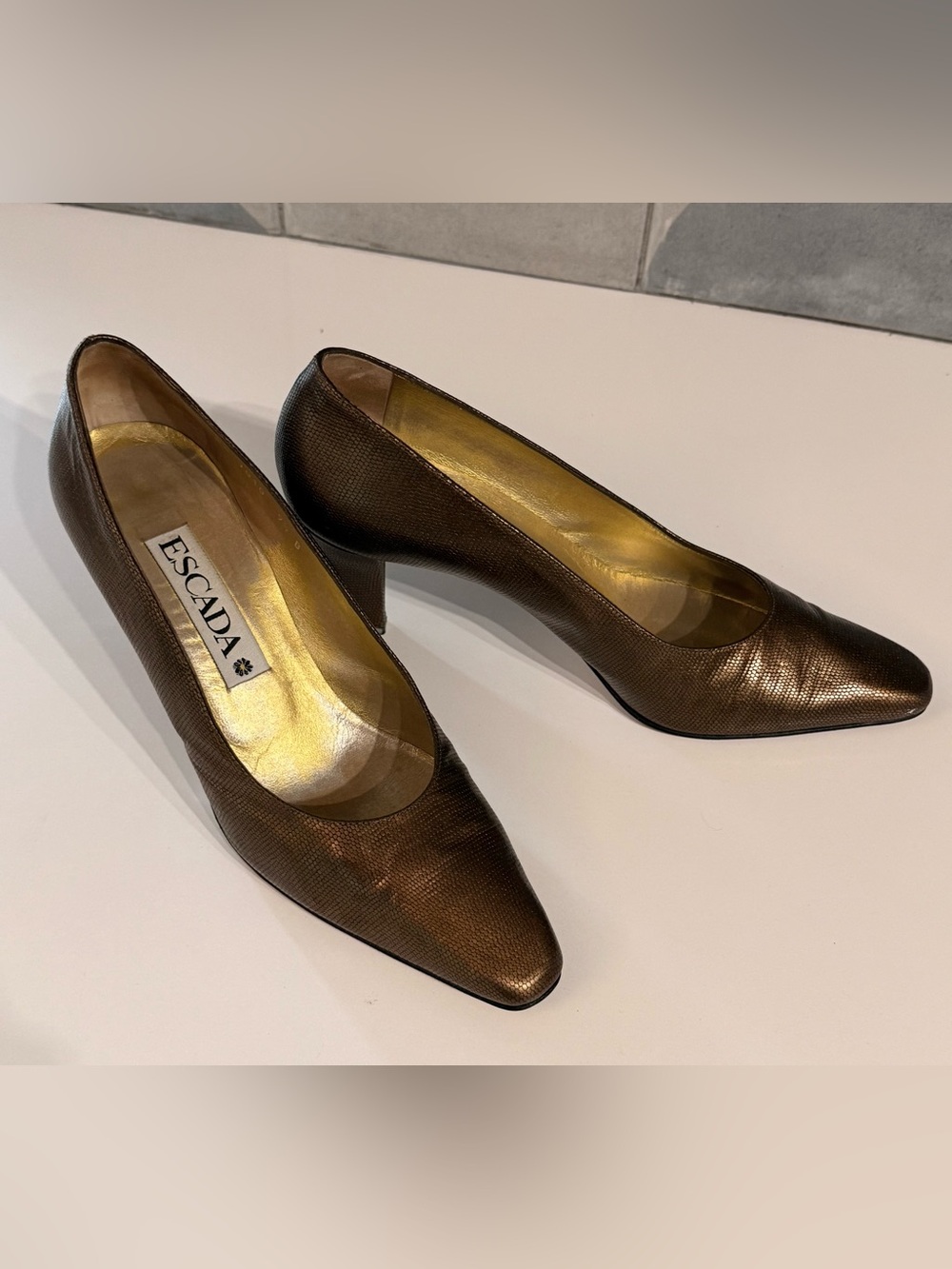 Vintage Escada bronze gold heels.  Leather with embossing.  Size 9.5
